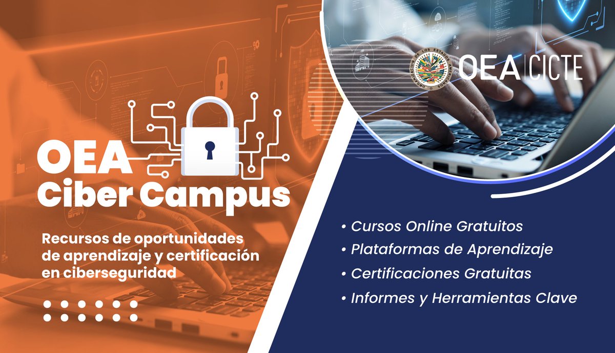 ¿Quieres avanzar en tu carrera y aportar a la ciberseguridad de tu país? 🌐👩‍🎓👨‍🎓

Te mostramos algunas opciones de aprendizaje y certificación en ciberseguridad, ofrecidas por diversos socios de confianza. 

Más info👇 oas.org/ext/es/segurid… 
 
#OEACiberCampus