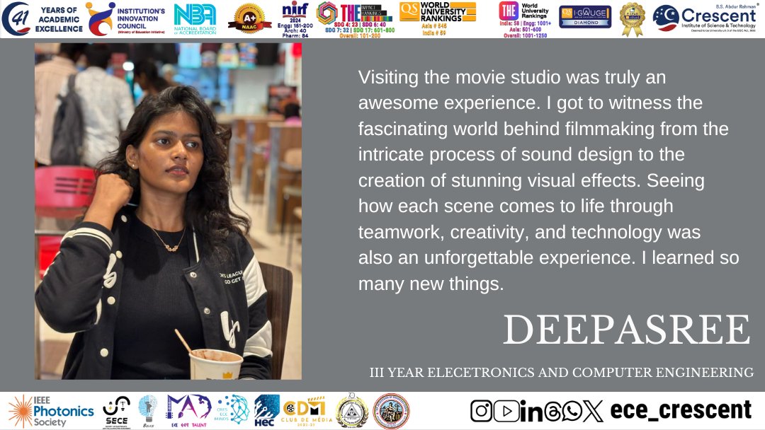 crescent_ece's tweet image. 🎬 Lights, Camera, Engineering! 🎥
III Year #E&amp;amp;CE students visited L V Prasad College of Media Studies, exploring the tech behind filmmaking, from cameras &amp;amp; to editing tools. A perfect blend of creativity &amp;amp; engineering innovation! 🌟
#FilmmakingTech #ECE #bsacrescentinstitute