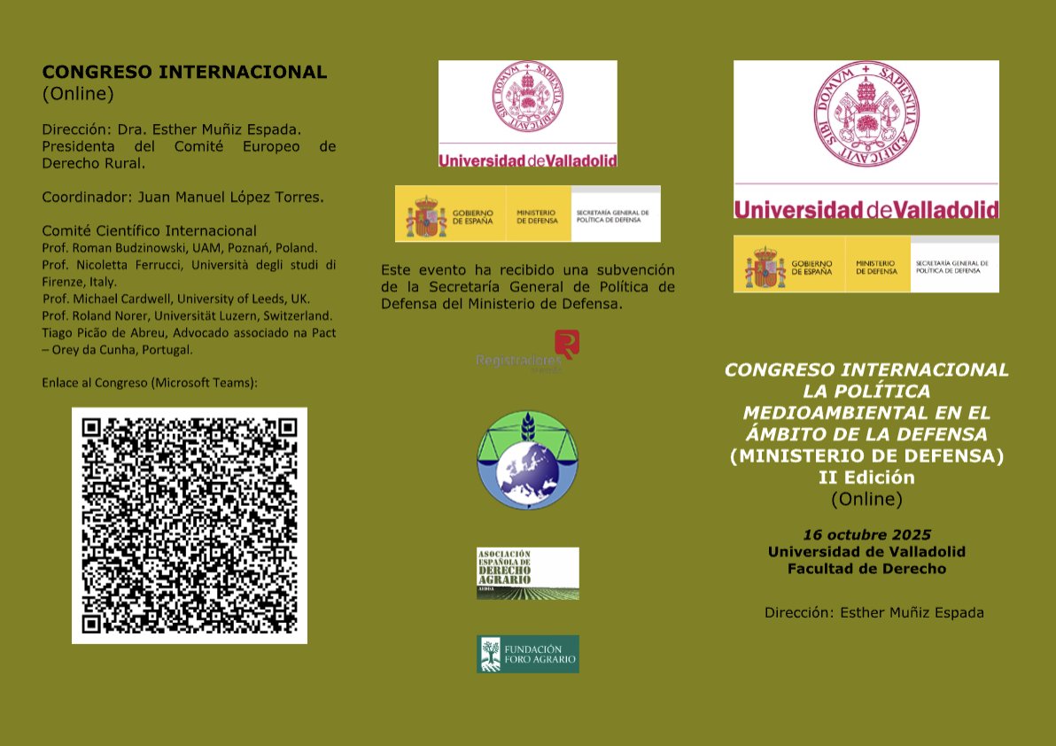 Bajo la dirección de Esther Muñiz Espada, presidenta de <a href="/CEDRurLaw/">CEDR Rural Law</a>, pasado mañana jueves se celebra en la Facultad de Derecho de la @UVa_esel Congreso Internacional "La política medioambiental en el ámbito de la defensa" <a href="/Defensagob/">Ministerio Defensa</a>, que contará con la intervención de Rocío