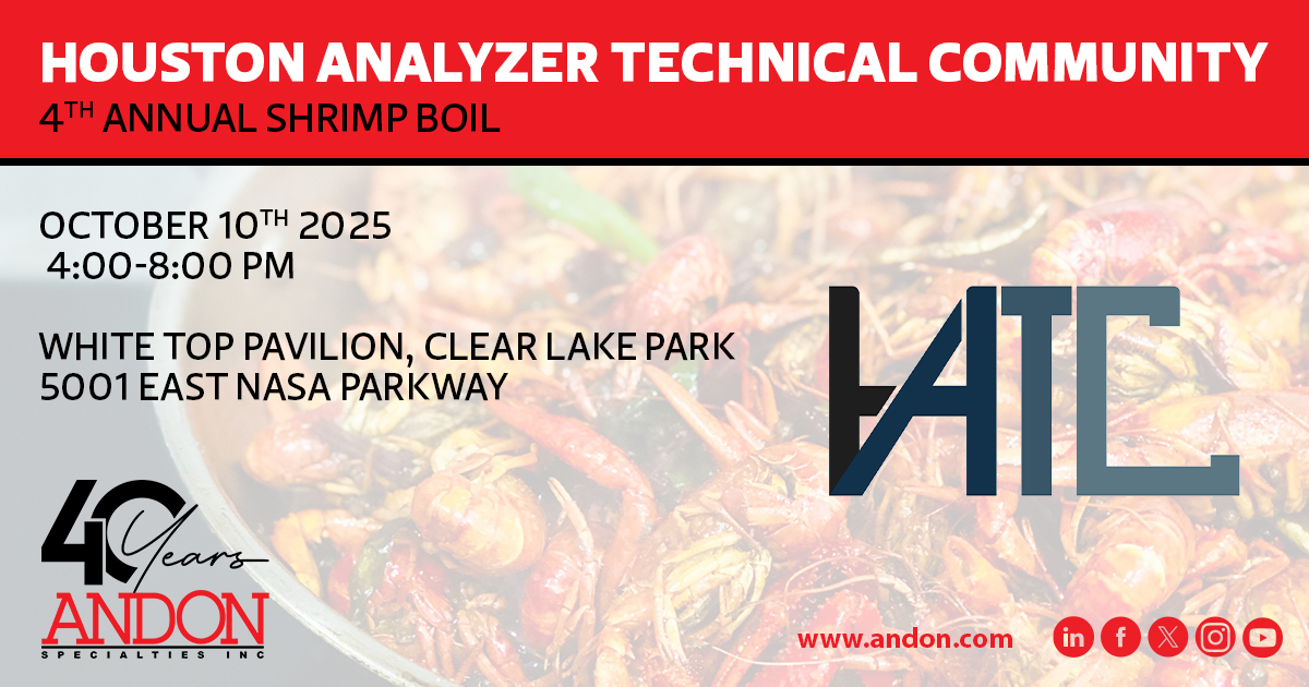 andonsolutions's tweet image. Join Us at the Houston Analyzer Technical Community – 4th Annual Shrimp Boil! 🦐🌽

📅 Friday, October 10th, 2025 
📍 White Top Pavilion, Clear Lake Park – 5001 East NASA Parkway

👉 Passes available here: analyzertechconference.org/shrimp-boil

#AndonSpecialties #HoustonAnalyzerCommunity