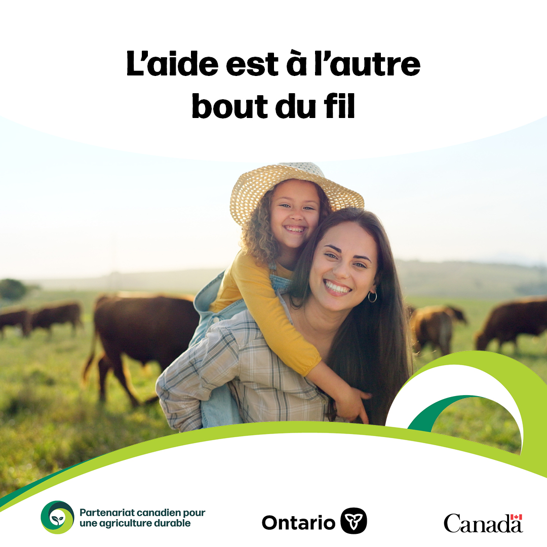 Les agriculteurs &amp; travailleurs agricoles de l’Ontario ont accès 24/7 à un soutien gratuit en santé mentale—en anglais, français et espagnol.
 
En cas de crise ou pour du counseling, téléphonez-nous 1 866 267-6255. Vous n'êtes pas seul.e.

#JournéeMondialeDeLaSantéMentale