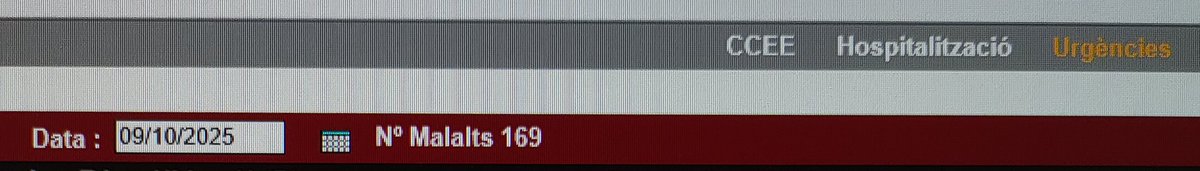 Urgències Hospital del Mar (@urgenpsmar) on Twitter photo 09/10/2025
169 pacients a Urgències de l'Hospital del Mar de Barcelona
31 superen les 24 hores
El més antic supera les 87 hores, pacient de salut mental.
Pacient de 81 anys supera les 72 hores
Com cap d'ells és familia de gerents i gestors de <a href="/salutcat/">Salut</a> i <a href="/govern/">Govern de Catalunya</a>, cap problema. 09/10/2025
169 pacients a Urgències de l'Hospital del Mar de Barcelona
31 superen les 24 hores
El més antic supera les 87 hores, pacient de salut mental.
Pacient de 81 anys supera les 72 hores
Com cap d'ells és familia de gerents i gestors de <a href="/salutcat/">Salut</a> i <a href="/govern/">Govern de Catalunya</a>, cap problema.