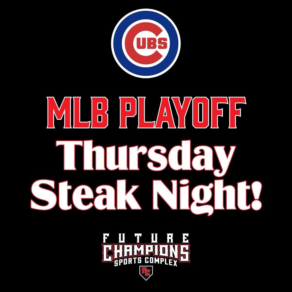 It's a great night to enjoy a delicious rib eye, catch MLB postseason action and "root, root, root for the Cubbies!" ⚾🥩🍻 #FutureChampions #steaknight #chicagocubs #mlbplayoffs