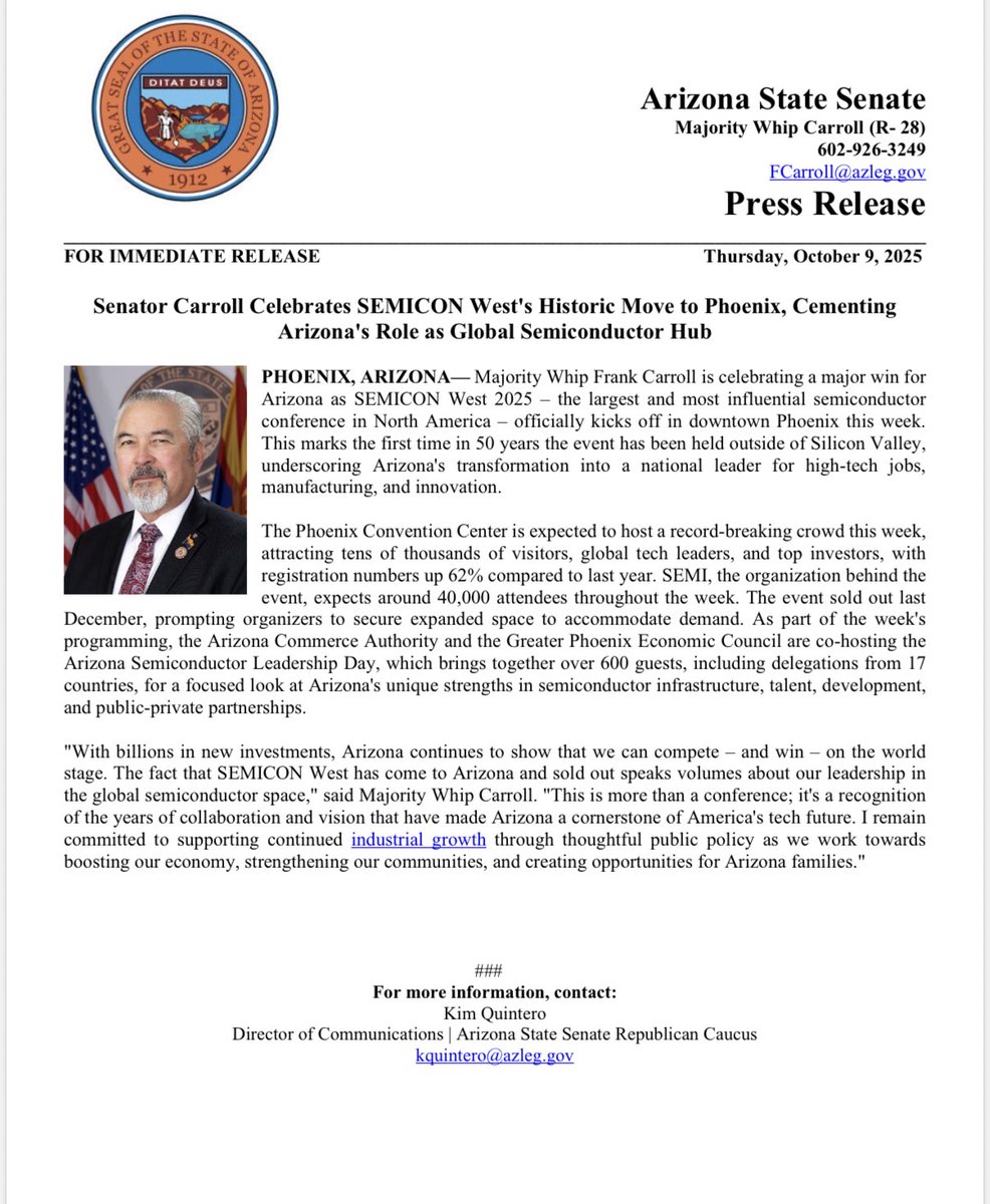AZSenateRepublicans (@azsenategop) on Twitter photo 🚨FOR IMMEDIATE RELEASE: Senator <a href="/SenFrankCarroll/">Senator Carroll</a> Celebrates SEMICON West's Historic Move to Phoenix, Cementing Arizona's Role as Global Semiconductor Hub
Full press release: azsenaterepublicans.gov/post/senator-c… 🚨FOR IMMEDIATE RELEASE: Senator <a href="/SenFrankCarroll/">Senator Carroll</a> Celebrates SEMICON West's Historic Move to Phoenix, Cementing Arizona's Role as Global Semiconductor Hub
Full press release: azsenaterepublicans.gov/post/senator-c…