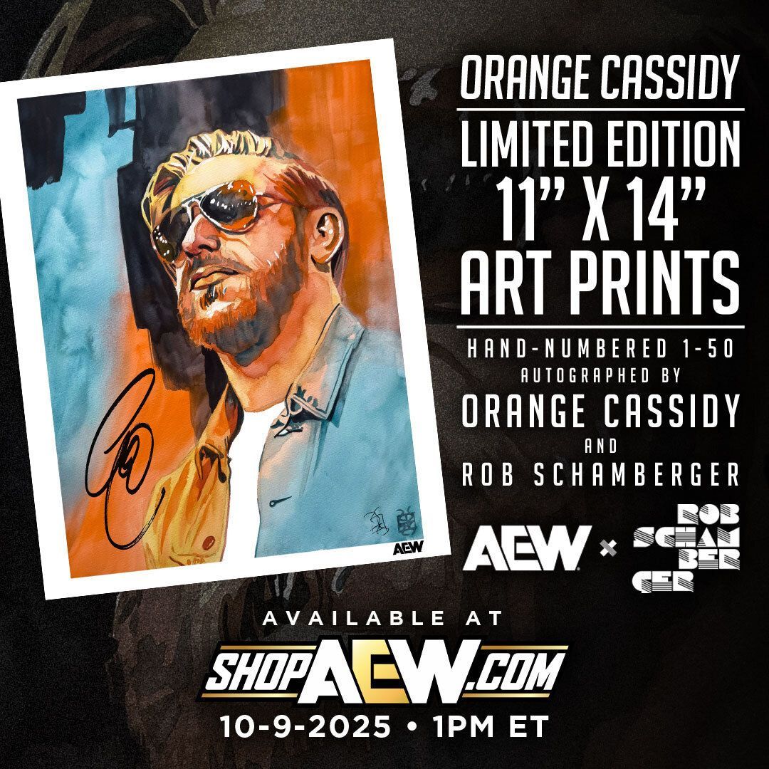 ShopAEW's tweet image. This limited-edition @orangecassidy art print by @robschamberger just dropped at ShopAEW.com!
Each one is hand-numbered and autographed by Orange Cassidy & Rob Schamberger!