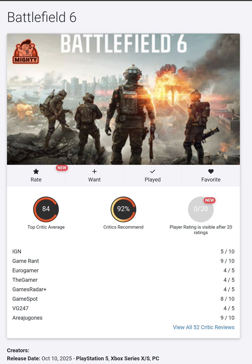 NerdPy's tweet image. Primeros Reviews #Battlefield6

- Gamerant 9/10
- Gameliner 9/10
- Xbox Achievements 90%
- Playstation Lifestyle 9/10
- PCGamesN 9/10
- Eurogamer 4/5
- TheGamer 4/5
- VGC 4/5
- TechRaptor 8/10
- Gamesradar 8/10
- TheSixthAxis 8/10
- IGN 5/10

Opencritic 84
Metacritic 83