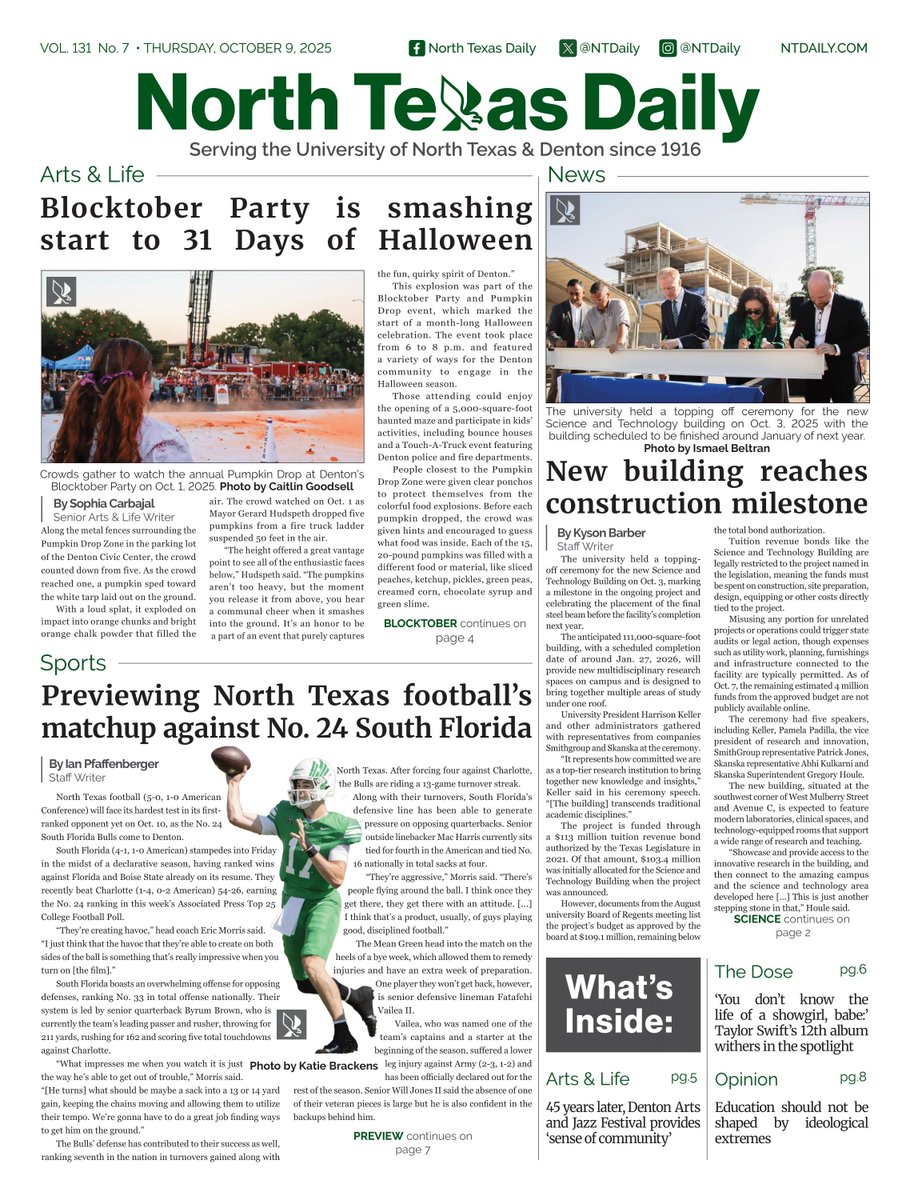 Happy Thursday! In this week's issue, check out a pumpkin smash event, read our coverage on the new Science and Technology building, a North Texas football preview and more!