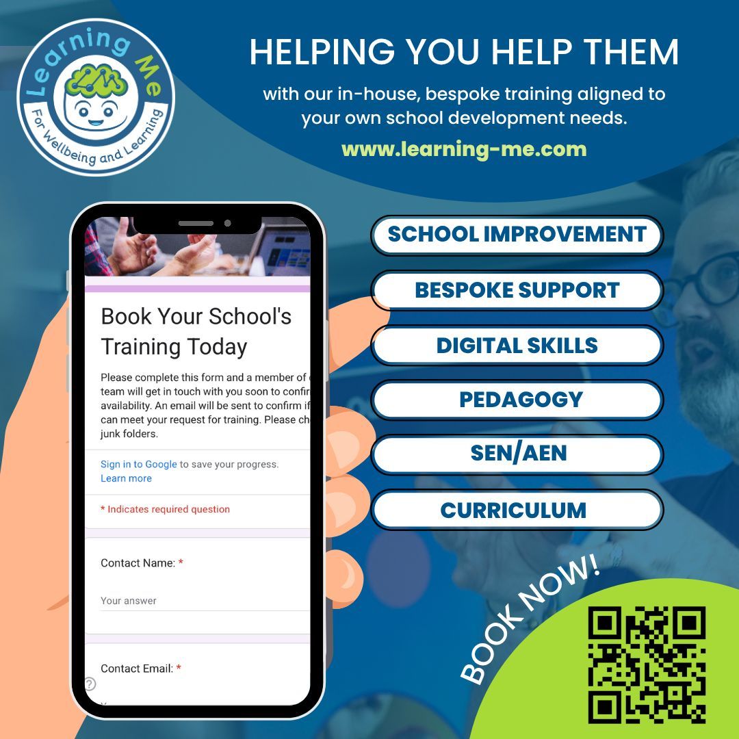 Covering a range of areas including (but by no means limited to) digital skills, pedagogy, SEN/AEN and Curriculum, here at Learning Me, we're here to help you help them. 

Book your TPL session today through our website, or scan the QR code to head straight to our booking form!