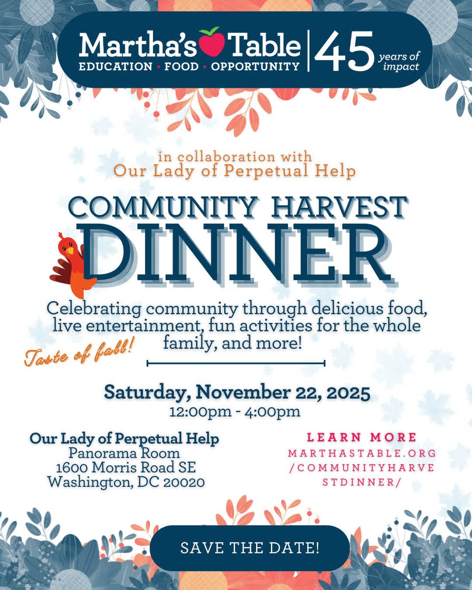 🎉 You're Invited! 🎉 Join us for our Annual Community Harvest Dinner on Saturday, November 22nd! 
📍 Location: Our Lady of Perpetual Help, 1600 Morris Road SE
🕛 Time: 12 PM - 4 PM

Don't miss out! Visit the link to RSVP! 🥳
✨marthastable.org/communityharve…