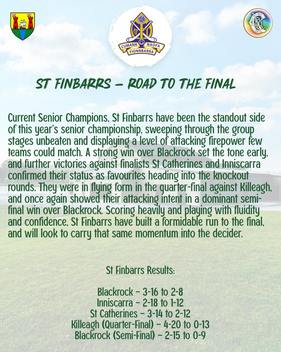 🏆 SE Systems Championship Finals Weekend 🏆

📍 Senior Final
🆚 St Catherines v St Finbarrs
📅 Sunday 12th October 2025
🕑 2:00pm | 📌 MTU Arena, Bishopstown
👨‍⚖️ Referee: Diarmuid Kirwan

🎟️ Admission: €10 Adult | €5 OAP/Student