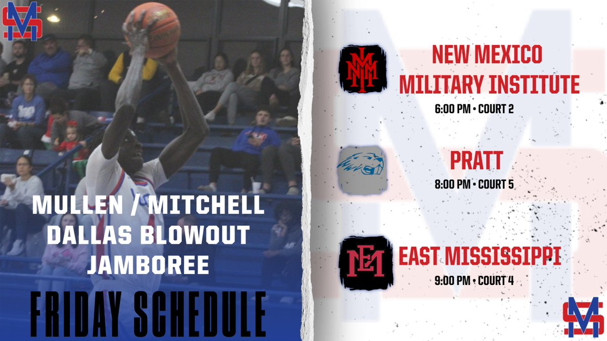 🏀Mullen/Mitchell Dallas Blowout Jamboree🏀

🚨Murray State College Men’s Basketball is back in action tomorrow night!🚨

🆚 New Mexico Military | ⏰ 6 PM | 🏟️ Court 2
🆚 Pratt | ⏰ 8 PM | 🏟️ Court 5
🆚 East Mississippi | ⏰ 9 PM | 🏟️ Court 4
#GoAggies