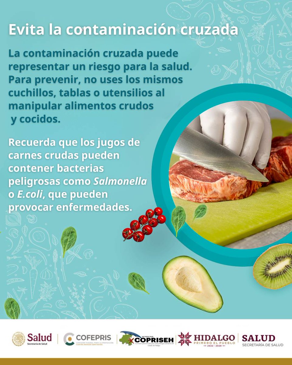 "Inocuidad: Alimento seguro, Salud protegida."
¿Usas la misma tabla para cortar carne y verduras? 
Podrías estar provocando contaminación cruzada sin darte cuenta.
✅ ¡Separa alimentos crudos y ya cocinados! Tu salud lo agradecerá.