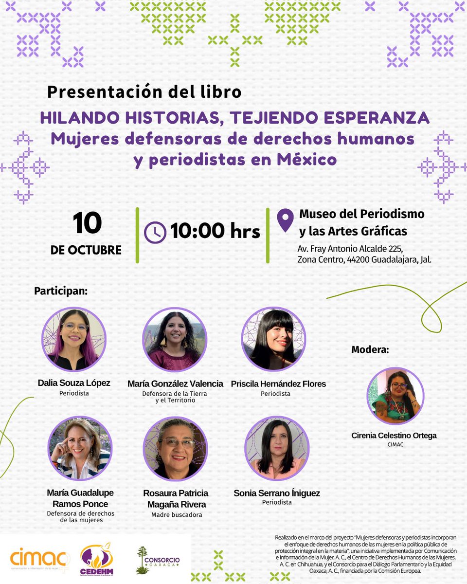 🖋️ Mañana es la presentación del libro: #HilandoHistoriasTejiendoEsperanza
Acompáñanos a este diálogo de memoria y esperanza de la voz de mujeres periodistas, defensoras de derechas humanos y madres buscadoras
📌 10 de octubre
🕙 10 am
🏟 <a href="/MUPAG_GDL/">MUPAG</a>, #Gdl

#MujeresYMedios