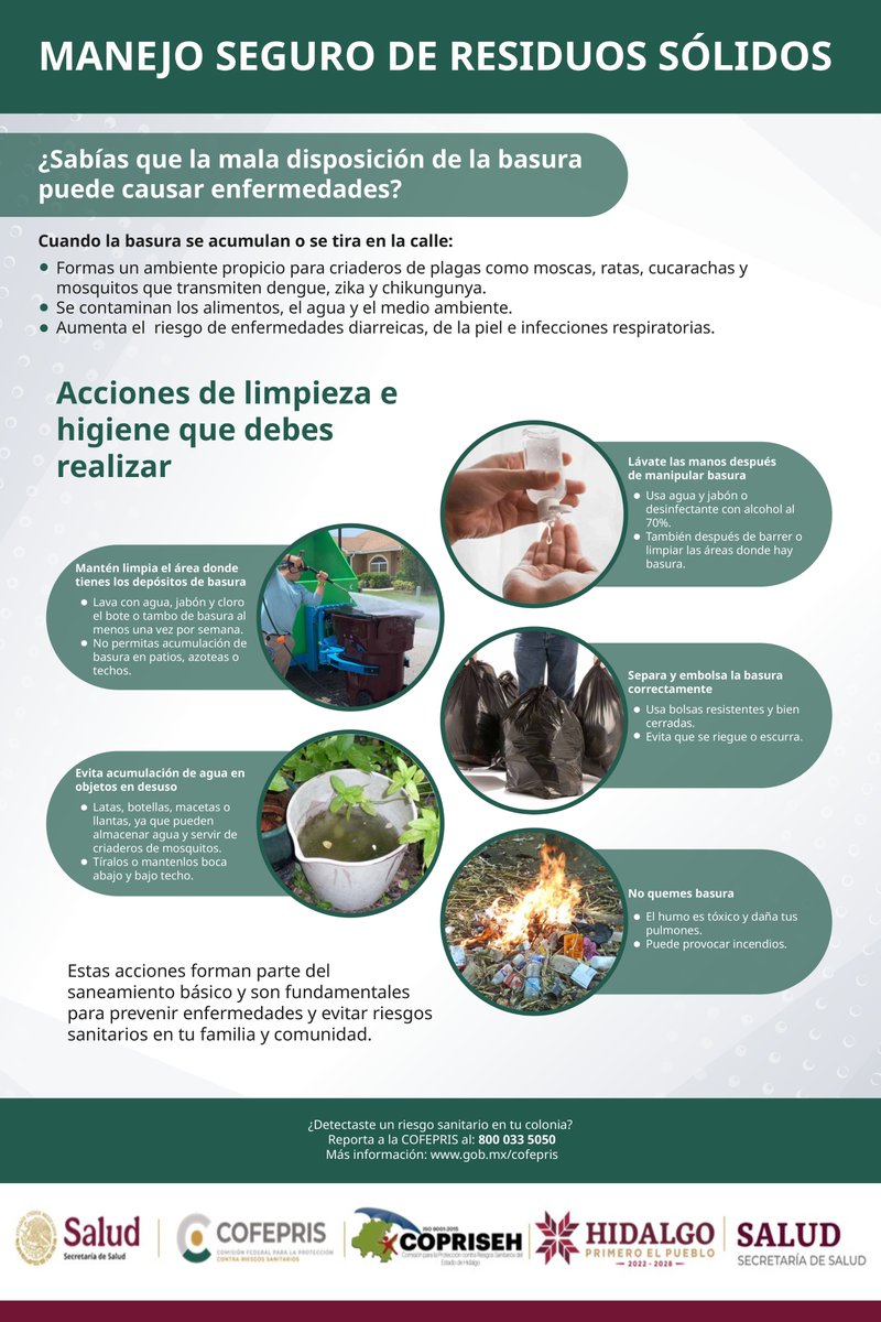 El manejo seguro de residuos sólidos implica reducir su generación, separar los diferentes tipos de desechos en origen, y utilizar prácticas adecuadas para su recolección, transporte, tratamiento y disposición final.
#PrimeroElPueblo  
#PrimeroTuSalud