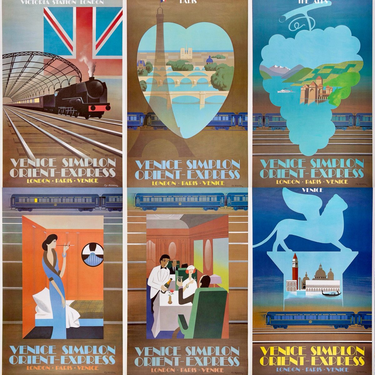Newsletter out this weekend with over 50 newly listed original posters, including this set of six Art Deco inspired travel posters, designed by Pierre Fix-Masseau (1905-1994) for the re-launch of the Venice Simplon Orient Express in 1982. 

Fix-Masseau began his career in France