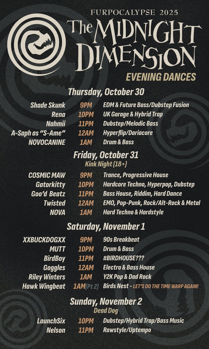 It’s the moment you’ve all been waiting for…

Our DJ Lineup is now LIVE!!! You can catch all EIGHTEEN of our evening dances at #Furpoc2025 starting Thursday night!

For more information on our dances (as well as several of our other departments) check out our Sched here: