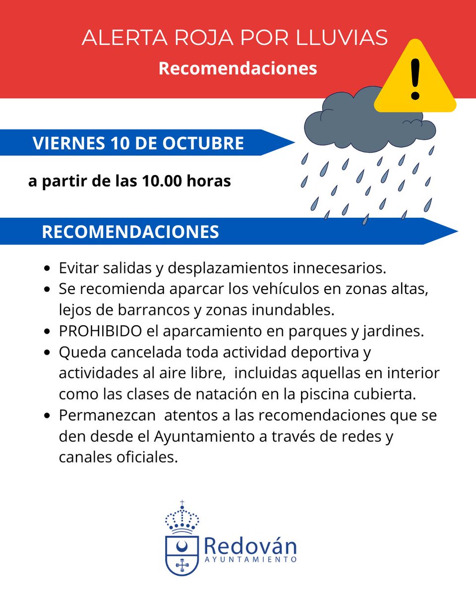 ✅ℹ️ Compartimos las recomendaciones del Ayuntamiento de #Redován ante la alerta roja por lluvias decretada para mañana viernes 10 de octubre. 

⚠️  Mucha precaución y mantente informado/a a través de los canales del Ayuntamiento.