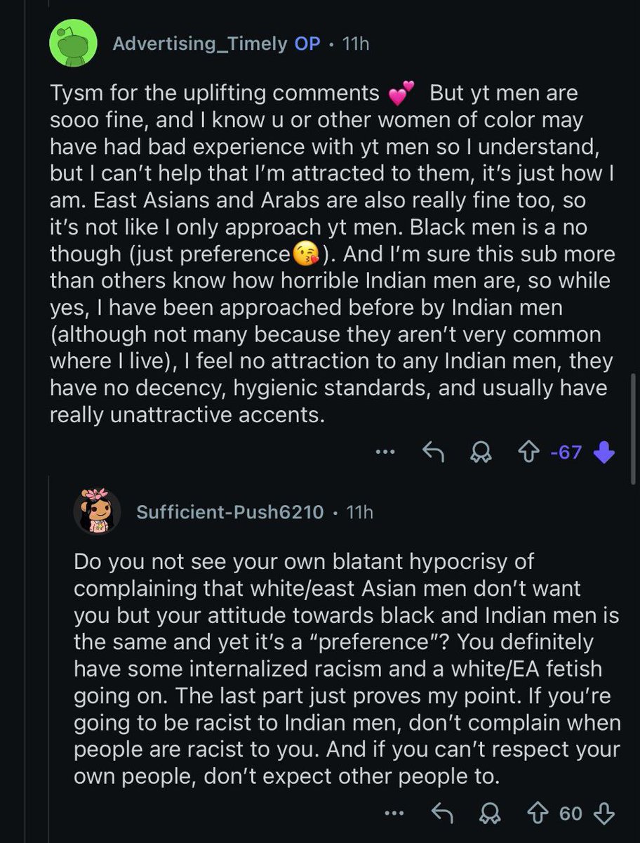 > An Indian Tamil girl living in the US complains about how white men don't like her because of her skin color.
> She then makes hateful and racist comments against Indian men.
> She calls Indian men unhygienic and mocks their accent.
> She says she only prefers white men.
> A