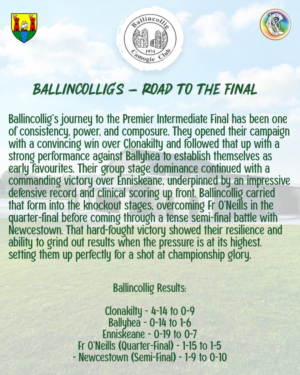 🏆 SE Systems Championship Finals Weekend 🏆

📍 Premier Intermediate Final
🆚 Ballincollig v Ballygarvan
📅 Saturday 11th October 2025
🕞 3:30pm | 📌 Cork Camogie Grounds, Castle Road
👨‍⚖️ Referee: Cathal Egan

🎟️ Admission: €10 Adult | €5 OAP/Student