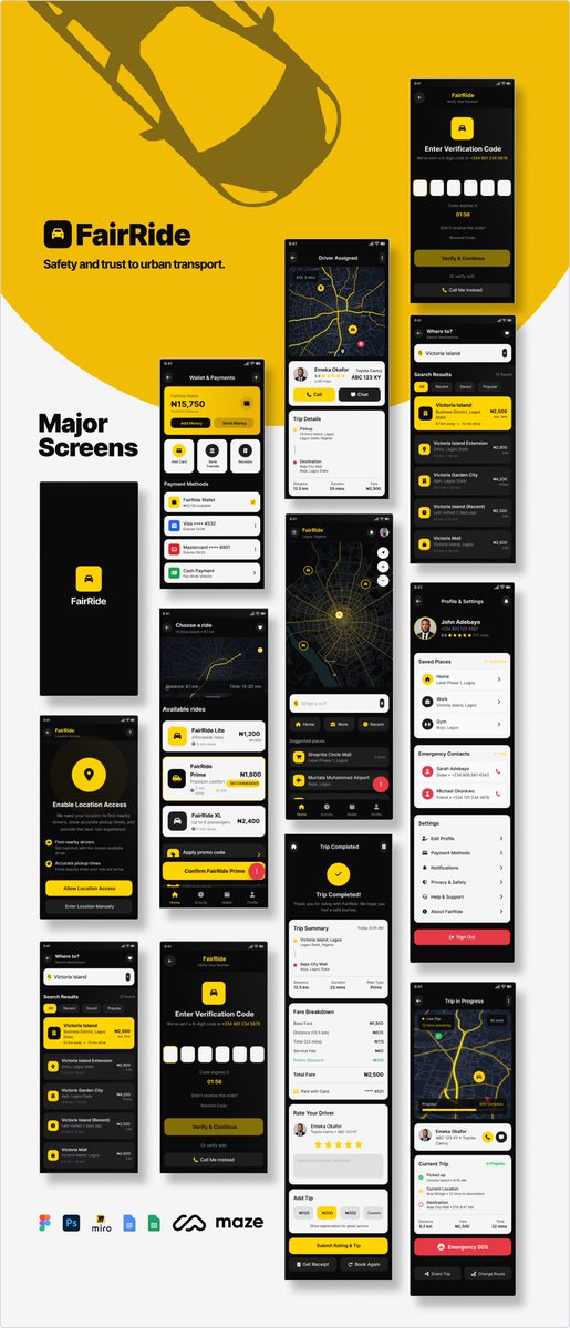 ptk_official_'s tweet photo. I present to you 🚖 FairRide— a ride-hailing app designed with a Naija vibe 🇳🇬
Focused on safety, trust, and smooth user experience.

https://t.co/iGfI7J6ttB 

#UIDesign #DesignInNigeria #ProductDesign https://t.co/qBQVgqcIMd