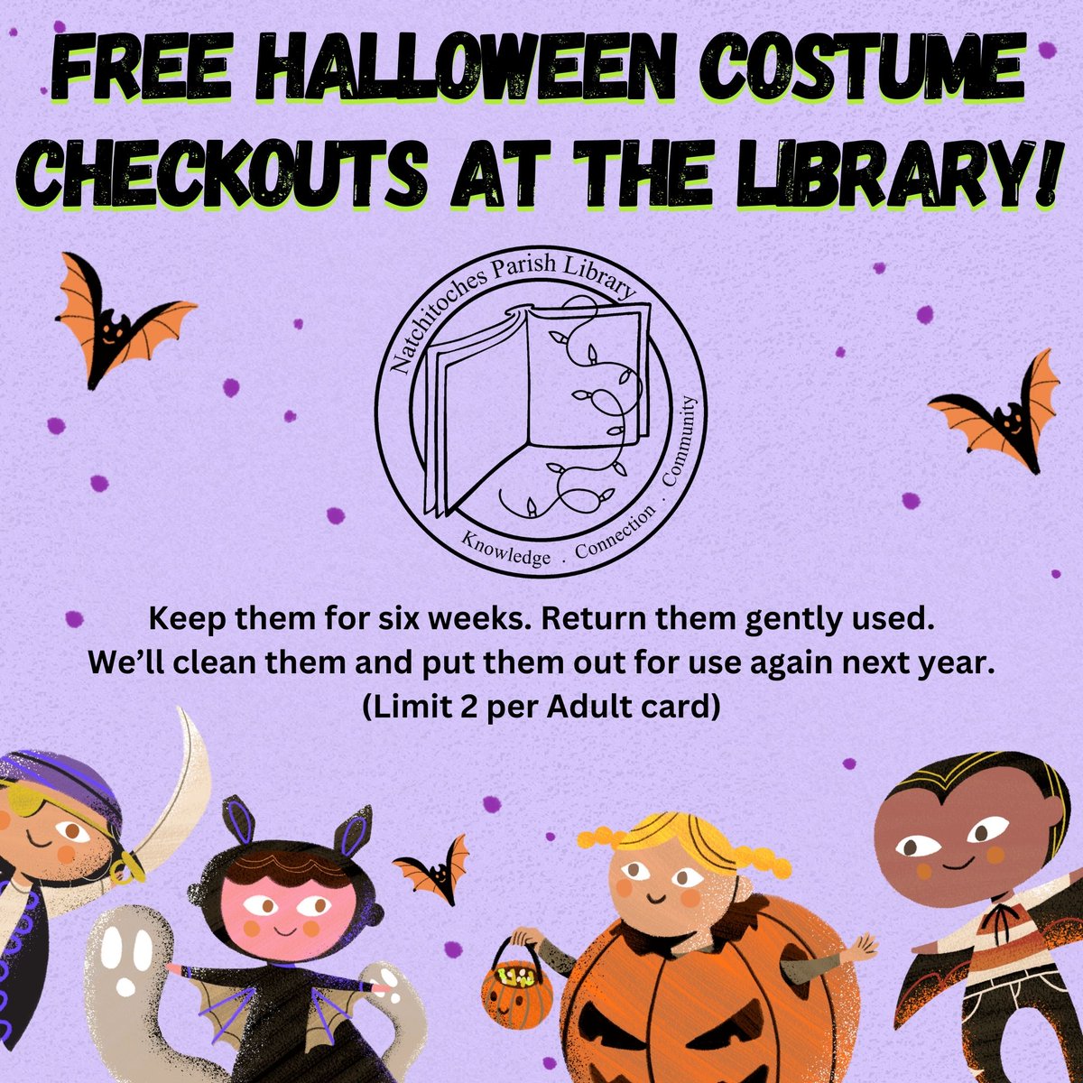 NatchParishLib's tweet image. 🎃 Don’t buy a costume this Halloween—borrow one for free at the library! 🎃

The Natchitoches Parish Library’s Costume Checkout Program is back this October at both the Main and Northeast Branches. From superheroes to spooky favorites, there’s something for everyone! 🦇