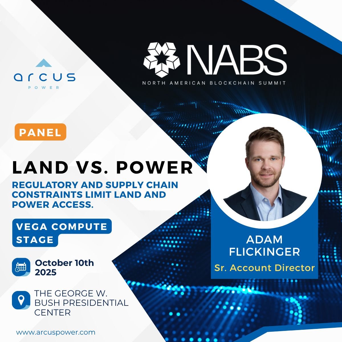 ArcusPower's tweet image. We’re live at #NABS25! Stop by to meet Alvaro Rozo &amp;amp; Adam Flickinger, and catch our “Land vs. Power” panel Oct 10! ⚡ #ERCOT #Bitcoin #Energy