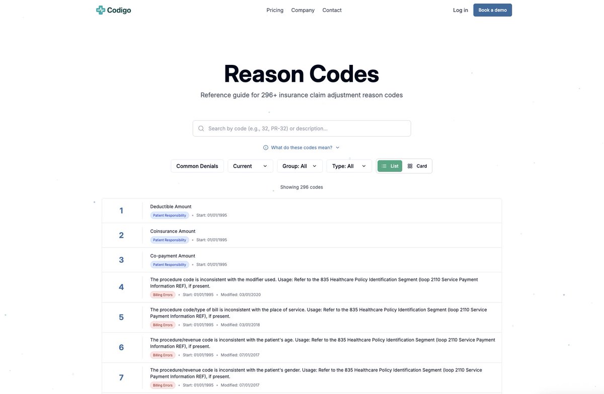 CodigoCare's tweet image. We just released some free medical tools/resources for billers... check out our payer portal browser, ICD code browser, and reason code browser!

codigo.care