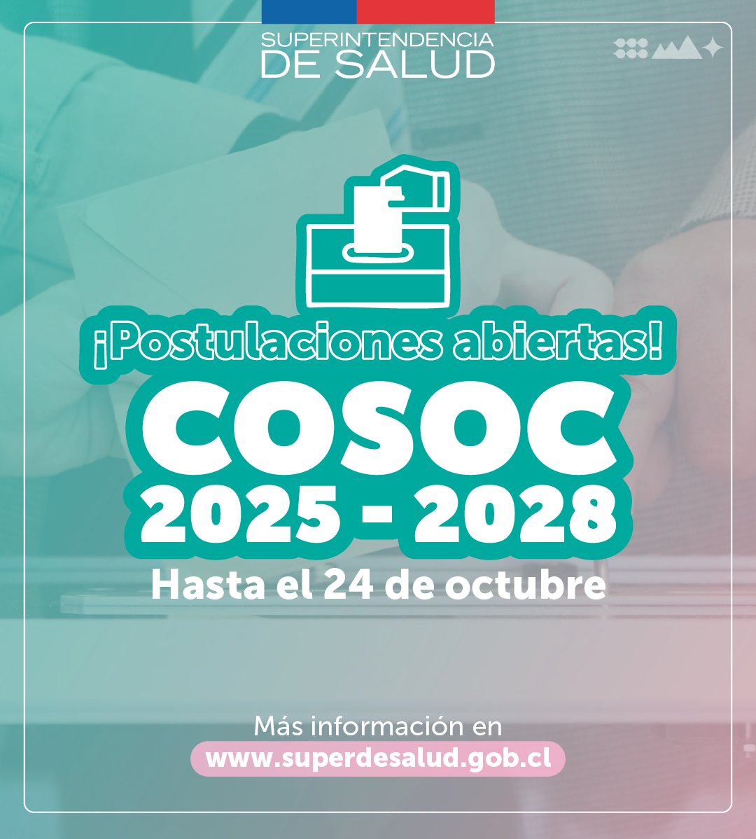 ¡INSCRIPCIONES ABIERTAS!
¿Quieres ser parte del Consejo de la Sociedad Civil? Visita superdesalud.gob.cl/tax-gestion-in… e inscríbete.