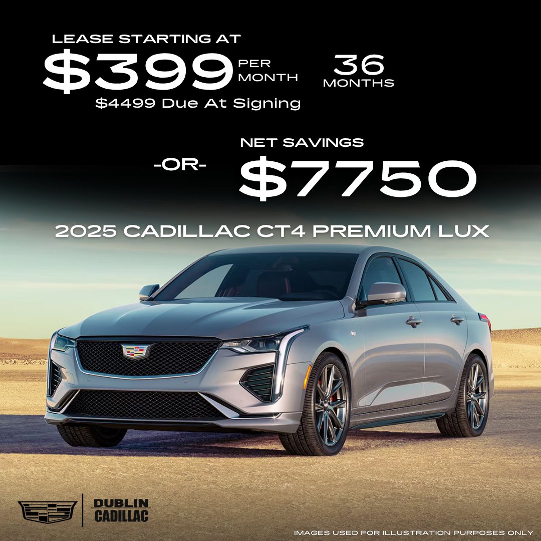 Dublin_Cadillac's tweet image. 🔥Bold Looks. Big Comfort.
Looking to stand out? 🍁 Lease the 2025 Cadillac CT4 Premium Luxury for $399/mo + tax for 36 mos OR save $7,750! 💼🚗 #CT4Cruise #FallDrive #CadillacClass

Shop For Yours at 👉 p1.tt/4mVFCxt
