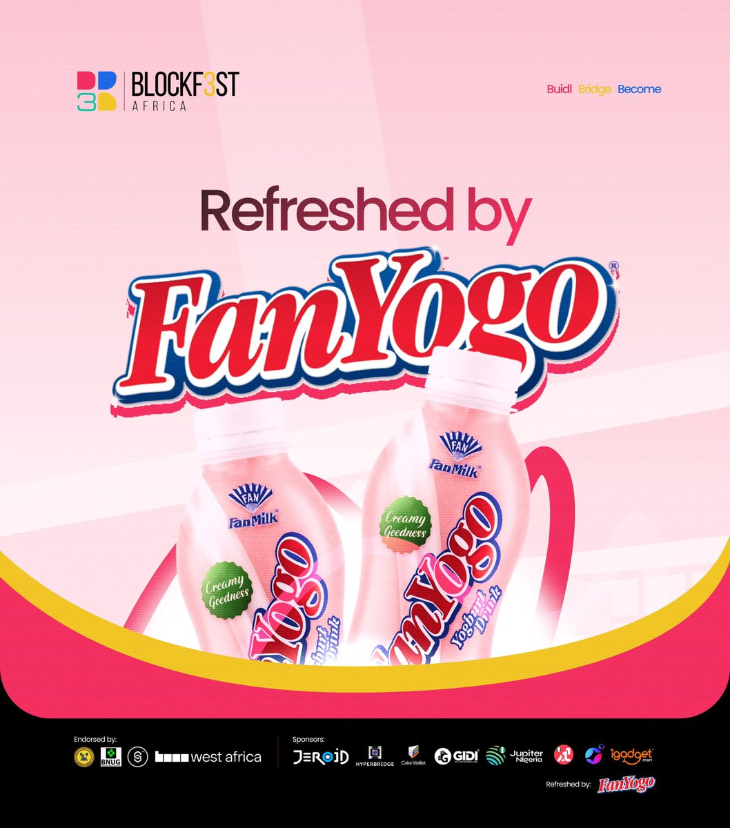 blockfestafrica's tweet image. The coolest news just dropped!😎

We’re thrilled to announce our newest partner, @FanYogo_ng!

They’re keeping us refreshed at #BlockfestAfrica, 

October 11 is about to be creamy, cool, and unforgettable‼️