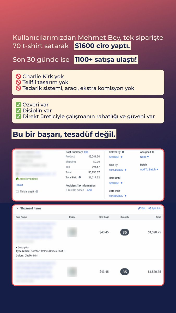 🔥 Bu bir başarı, tesadüf değil.

Mehmet Bey tek siparişte 70 t-shirt satarak $1600 ciro yaptı.
Son 30 günde ise 1100+ satış! 🚀
✅ Özveri
✅ Disiplin
✅ Direkt üreticiyle çalışma avantajı

#podbul #printondemand #Etsy #ecommerce #FromIdeatoInk