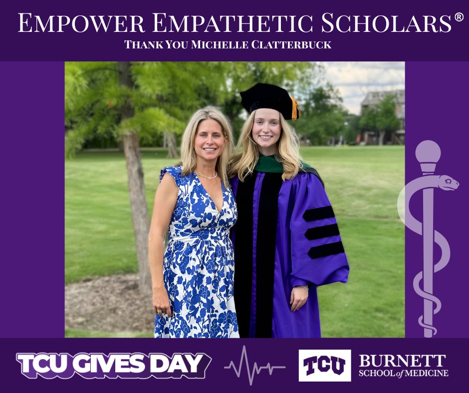 THANK YOU, Horned Frogs! 💜 Special thanks to Michelle Clatterbuck, our #TCUGivesDay challenge donor, for adding $100K to the Clatterbuck Family Endowed Scholarship. 🌟🩺

Because of Michelle AND YOU, we’re shaping the next generation of compassionate physicians. #GratefulFrogs