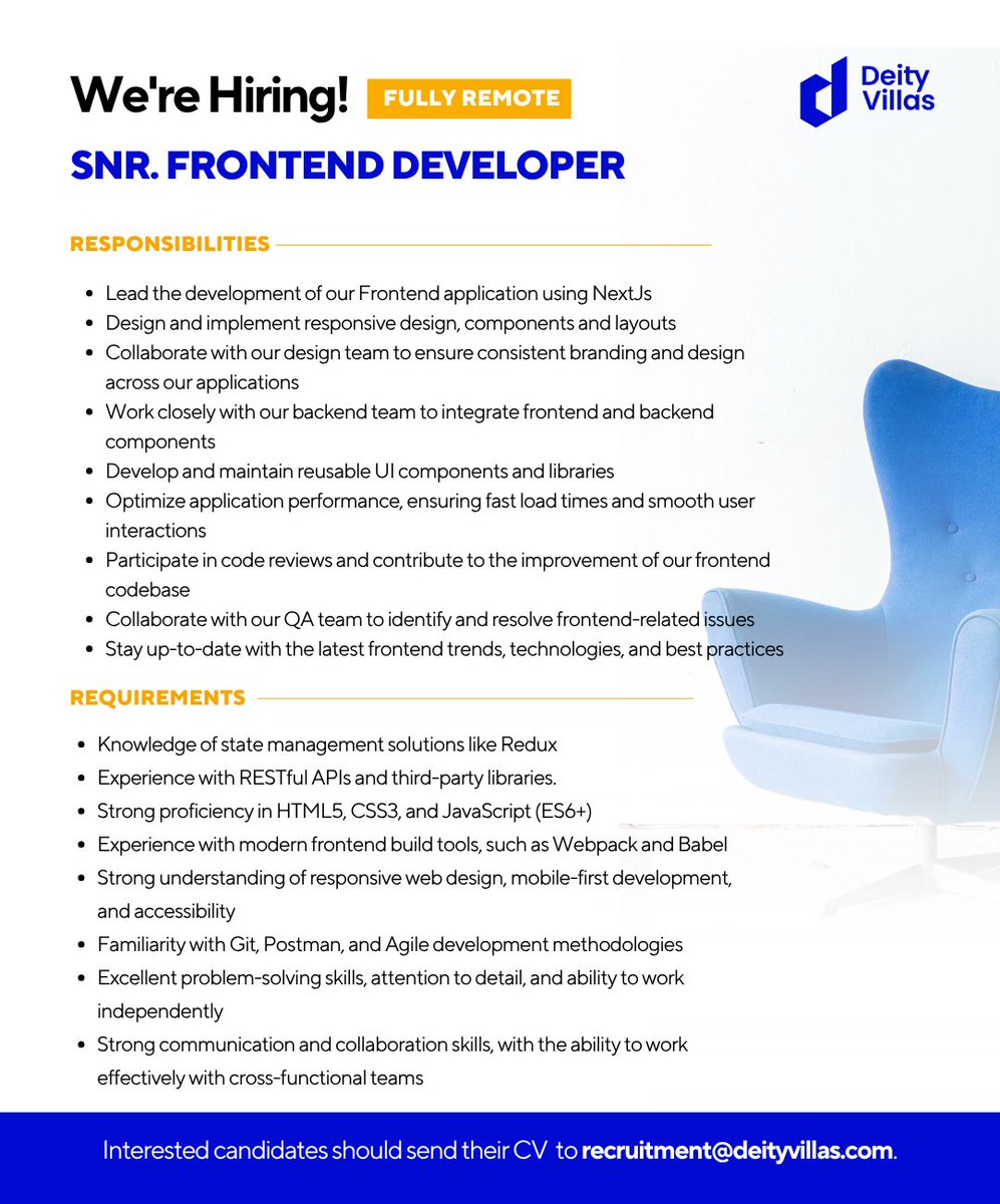 DeityVillas's tweet image. 💼 Role: Senior Frontend Developer
 🌍 Location: Fully Remote #Hiring #FrontendDeveloper #RemoteJobs #DeityVillas #NextJS #ReactJS #TechJobs #DeveloperLife #JavaScript #RemoteWork #NowHiring #HallelujahChallengeOCT2025 #HallelujahChallenge #lagos