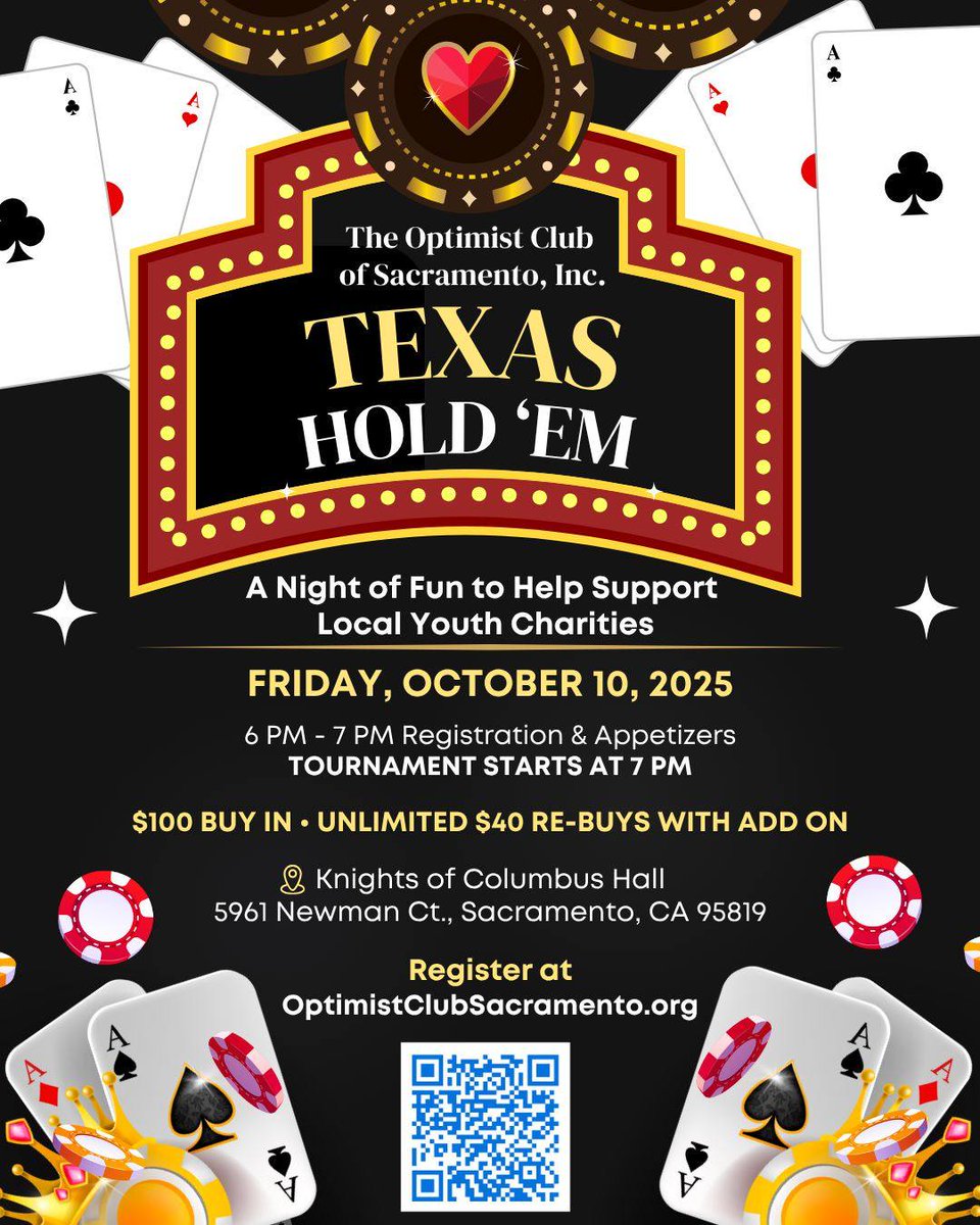 ♣️ Last call to play!
♥️ Texas Hold’em Tournament TONIGHT!
♠️ Support Keaton’s &amp; local charities
♦️ Sign up: OptimistClubSacramento.org 💛

#KeatonsChildCancerAlliance | #childcancerawareness | #hope | #community | #OptimistInternational
