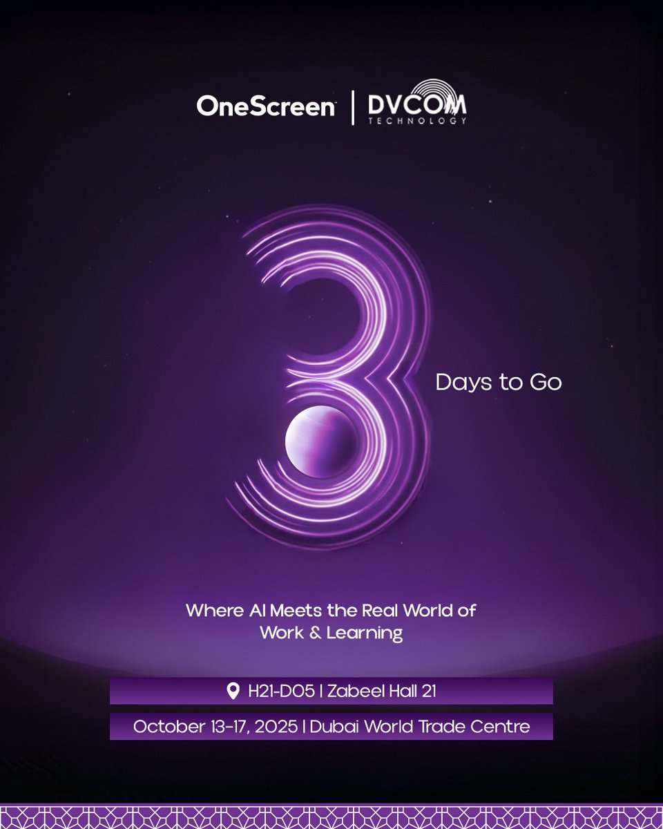 OneScreen_MEA's tweet image. 3 Days to go as @OneScreen_MEA ×@DvcomTechnology  gear up to transform collaboration at @GITEX_GLOBAL 2025.

Smarter tools. Sharper spaces. Powered by AI.

📍 H21-D05 – Zabeel Hall 21
📅 Oct 13–17 | Dubai World Trade Centre

🔗 Book now 👉 champ.ly/ykl9P5um_

#OneScreen…