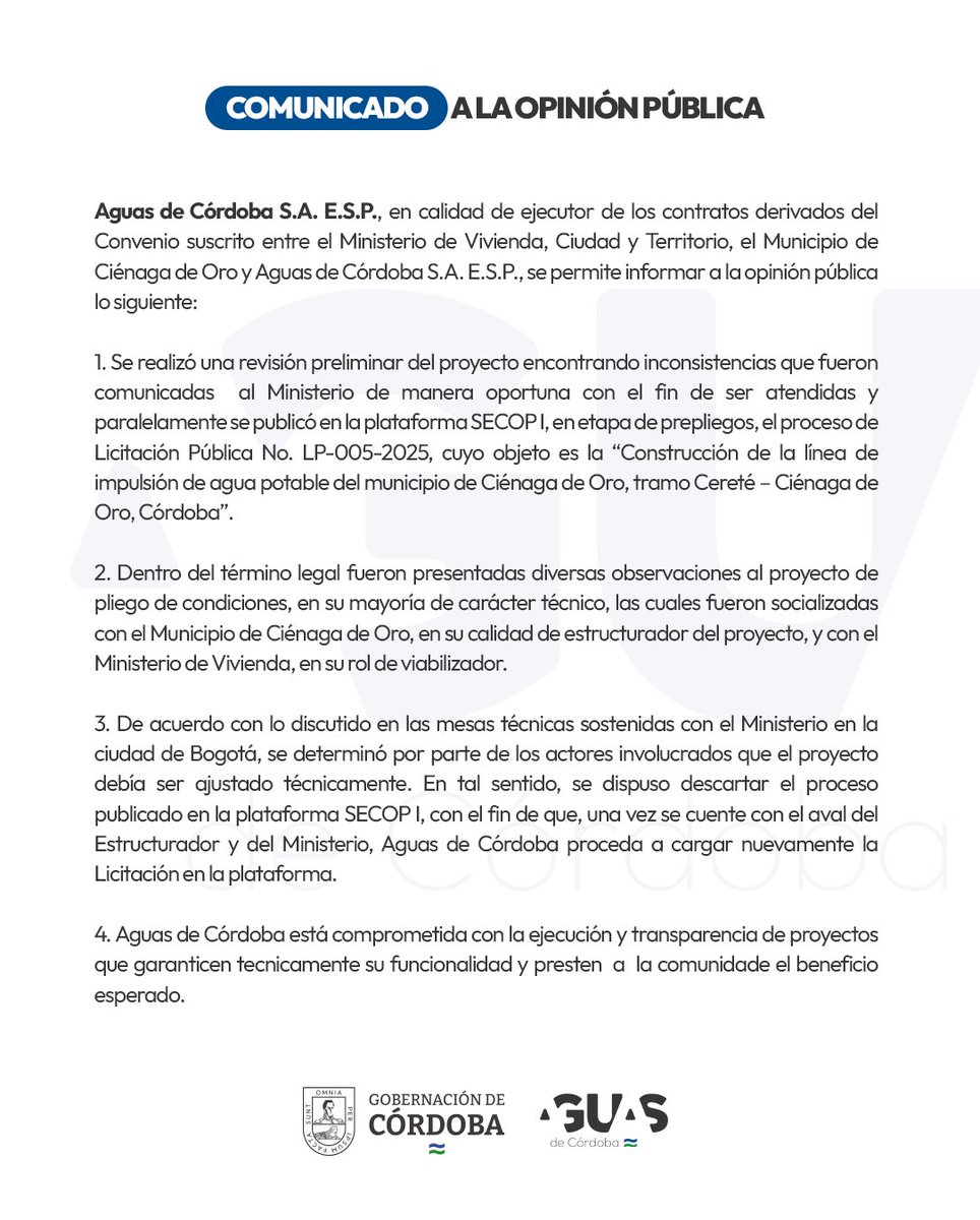 #Atención| Comunicado sobre el proceso licitatorio para la construcción de la línea de impulsión del municipio de Ciénaga de Oro, tramo Cereté - Ciénaga de Oro - Córdoba.