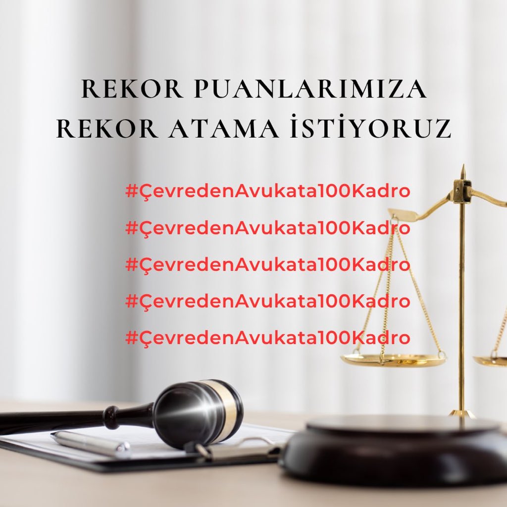 <a href="/Nurhanzkan12/">Nurhan Özkan 🇹🇷</a> Sayın Nurhan Özkan, kamuya atanmayı bekleyen avukatlar olarak 90+ puanlar ile halen açıktayız. Bakanlığınızca yapılacak personel alımında, taşradaki yüksek ihtiyaç dikkate alınarak avukatlara ÜÇ HANELİ KADRO ayrılmasını talep ediyoruz. #ÇevredenAvukata100Kadro