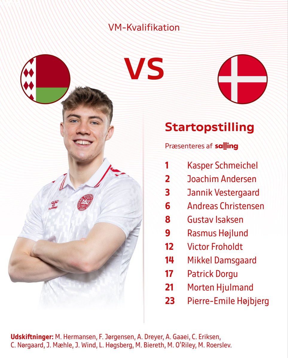 dbulandshold's tweet image. 🇩🇰 STARTOPSTILLINGEN 🇩🇰
Landstræneren har sat navn på de 11 spillere, der starter aftenens kamp for Herrelandsholdet mod Belarus 💪🏼
Kom så, drenge!
#ForDanmark