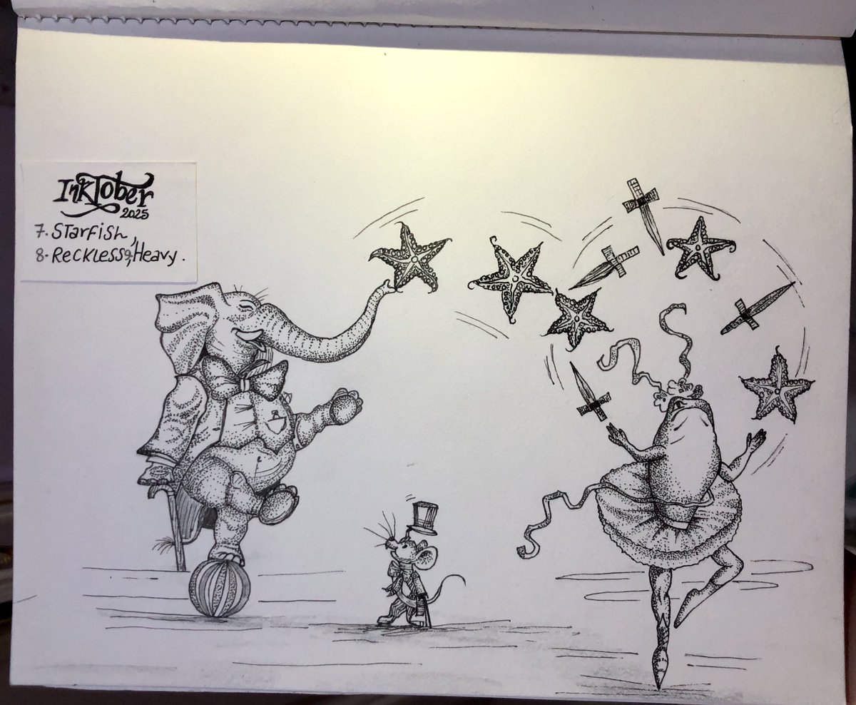 Day 7,8,9 
Starfish, Reckless, Heavy 🎪✨
#Inktober2025