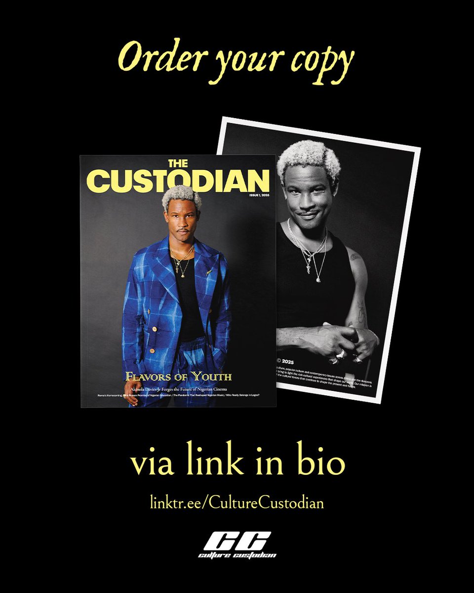 tweetedbyCC's tweet image. Akinola Davies Jr, Does Not Need Your Permission.
From grief to creation, from Lagos to Cannes — the filmmaker covers Flavors of Youth, the debut print issue of The Custodian, chronicling Nigerian youth culture.
Order your copy now: linktr.ee/CultureCustodi…