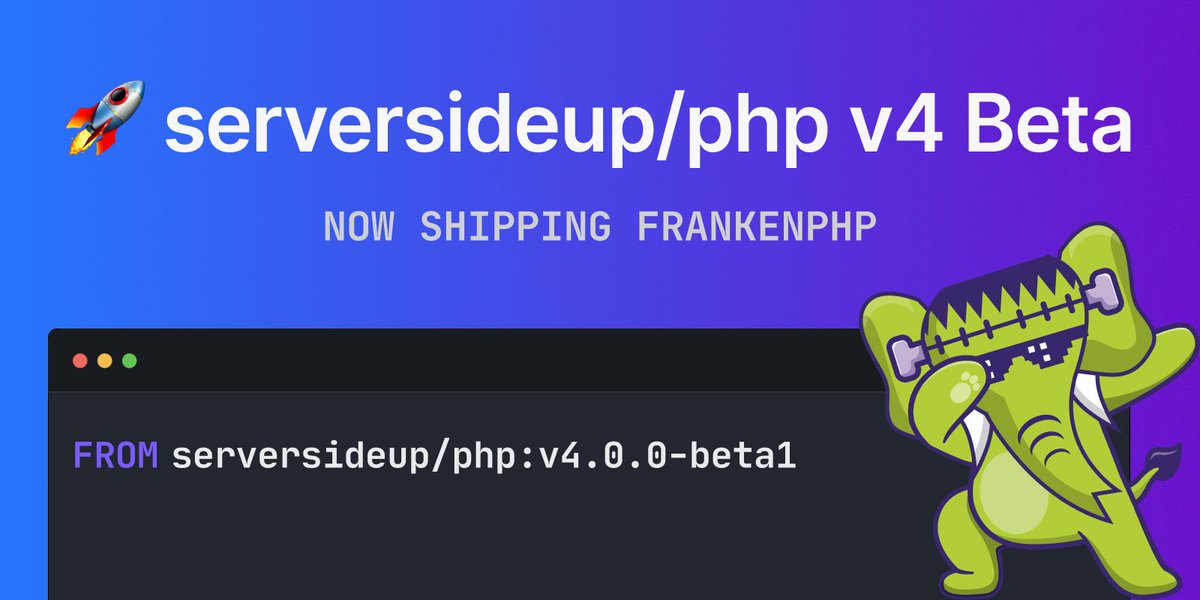 jaydrogers's tweet image. serversideup/php v4.0-beta1 is now available!!!

It&apos;s a next level Docker image:

🐘 FrankenPHP now available
❤️ Improved native health checks
🤖 Advanced Laravel automations
🤩 12 new contributors

Our biggest open source release yet. LET&apos;S GO PHP!! 🚀