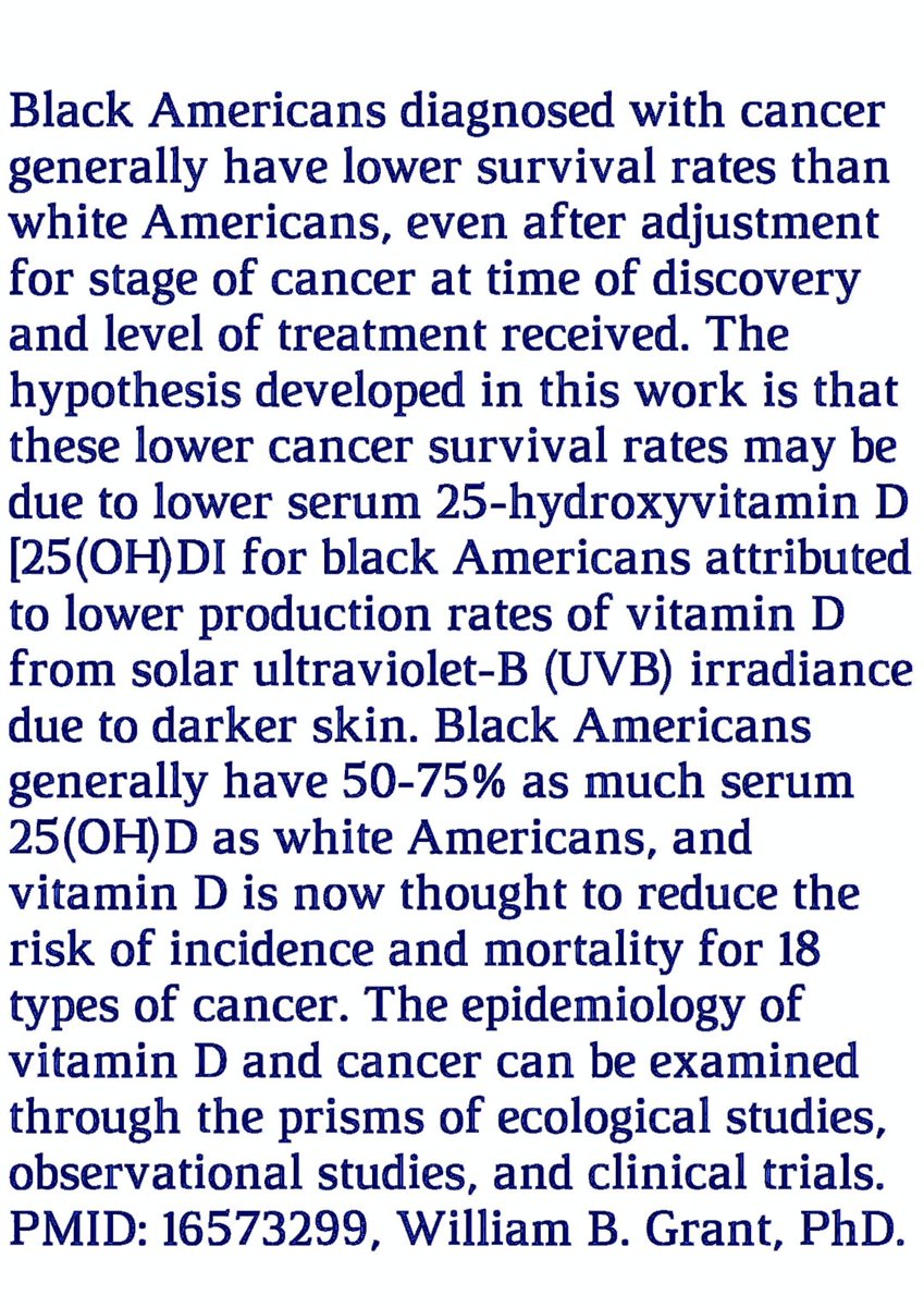 Lower vitamin-D production from solar ultraviolet-B irradiance may explain some differences in cancer survival rates
William B Grant PhD, <a href="/wbgrant2/">William B. Grant, PhD</a>. J Natl Med Assoc. 2006 Mar.

Abstract
Black Americans diagnosed with cancer generally have lower survival rates than white