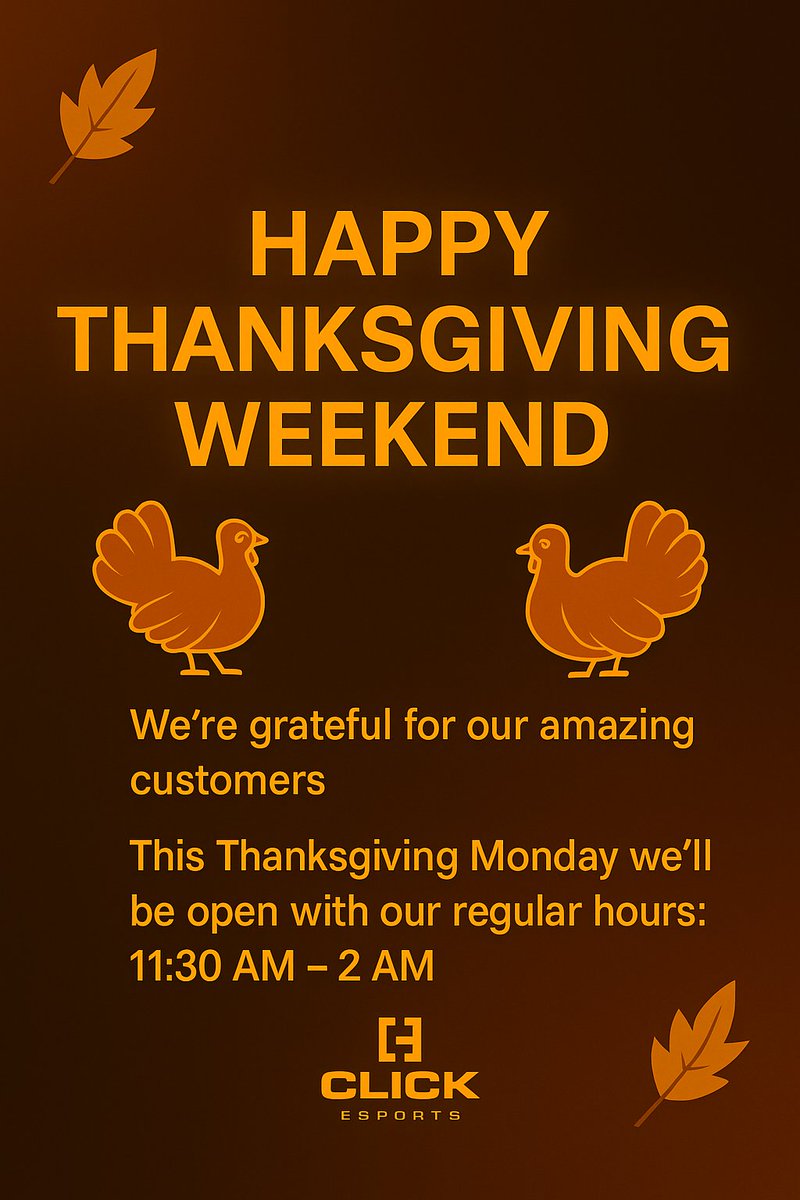 Happy Thanksgiving Weekend! 🦃🍂
Thanks for being with us ❤️
We’ll be open as usual this Thanksgiving Monday: 11:30 AM – 2 AM 🎮
👉 Drop in, hang out, and game with us!