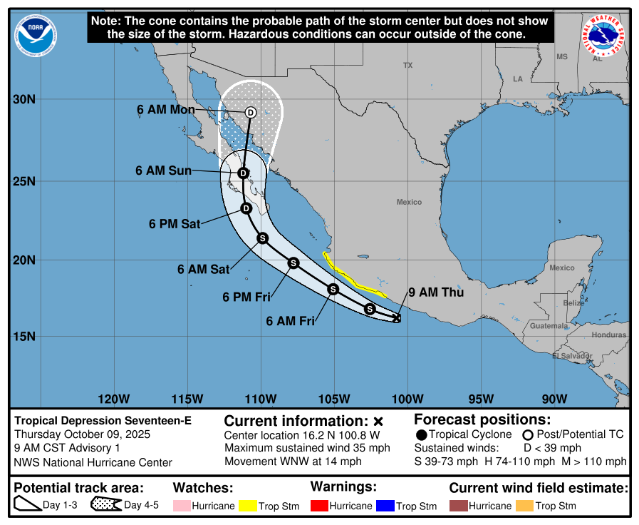 webcamsdemexico's tweet photo. ⚠️ AVISO ⚠️
Se ha formado en el #Pacífico la #DepresiónTropical Diecisiete-E frente a las costas de #Guerrero. 🌀

Se localiza a 110 km al sur-suroeste de #Tecpan de Galeana, y a 185 km al sur-sureste de #Ixtapa, #Zihuatanejo, #Gro, con vientos máximos sostenidos de 55 km/h y rachas de 75 km/h. 
Se desplaza hacia el oeste-noroeste a 22 km/h.

⚠️ Su extensa circulación y desprendimientos nubosos ocasionará lluvias fuertes a puntuales torrenciales, fuertes rachas de viento y oleaje elevado en el occidente y sur del territorio nacional.

🚨 Su extensa circulación y desprendimientos nubosos ocasionará lluvias fuertes a puntuales torrenciales, fuertes rachas de viento y oleaje elevado en el occidente y sur del territorio nacional.