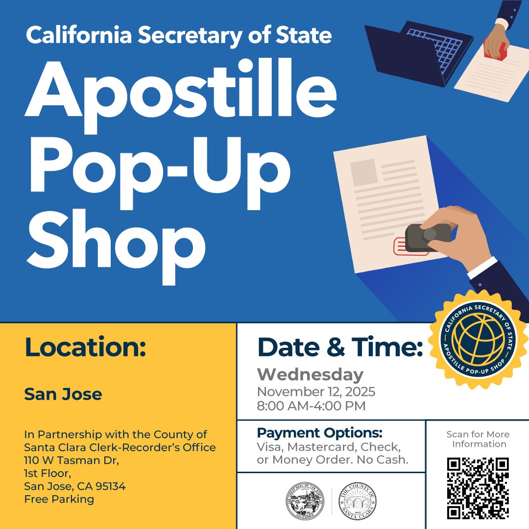 CASOSVote's tweet image. 📣 Apostille Pop-Up alert! Need a document authenticated for use abroad? ✈️ Come to the Santa Clara County Clerk-Recorder&apos;s Office in San Jose on November 12 to get your documents authenticated. 🌐 

Visit sos.ca.gov/notary/request… for more information.