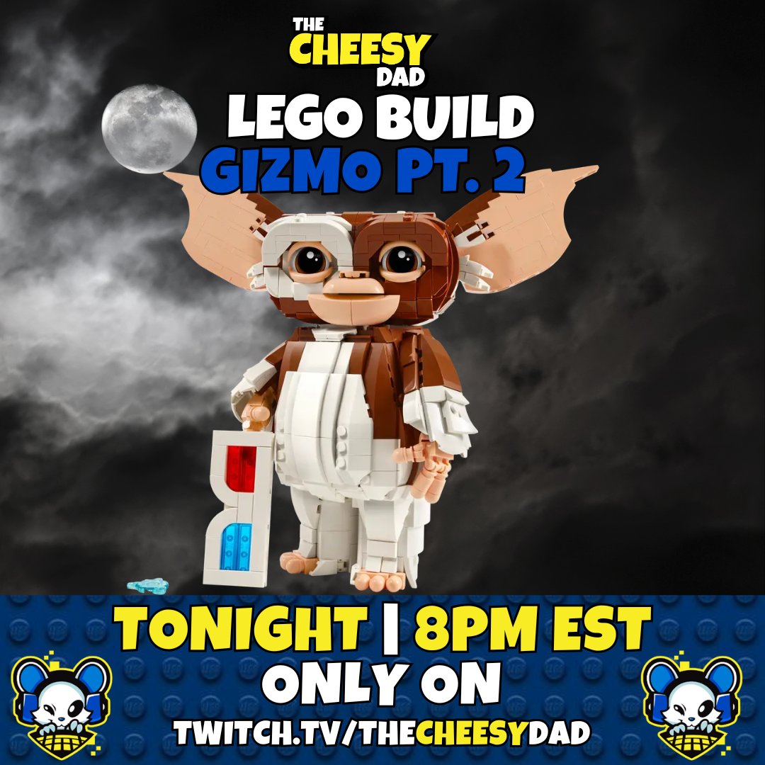 🎬 Tonight, we continue our nostalgic build of the beloved 80’s movie icon — GIZMO! 🧱💛
Grab your popcorn and come chill, chat, and chuckle as we bring this little Mogwai to life on stream!
Twitch.tv/TheCheesyDad