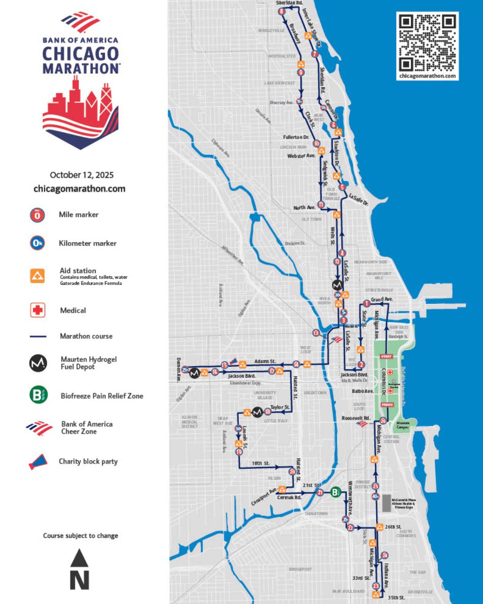Street closures in the Grant Park area are under including the closure of Balbo from Columbus to DuSable Lake Shore Drive, which will reopen Friday, October 17 at 3 p.m. Additional Street closures for race day at the start/finish line area can be expected through the weekend.