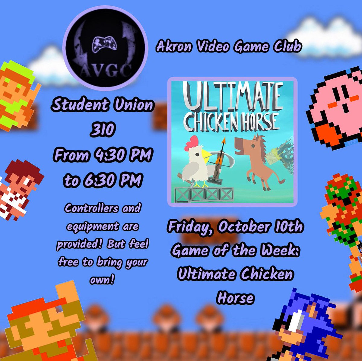 AkronClub's tweet photo. Join us on October 10th in the student union 310 for Ultimate Chicken Horse! https://t.co/GUhbV648Cp