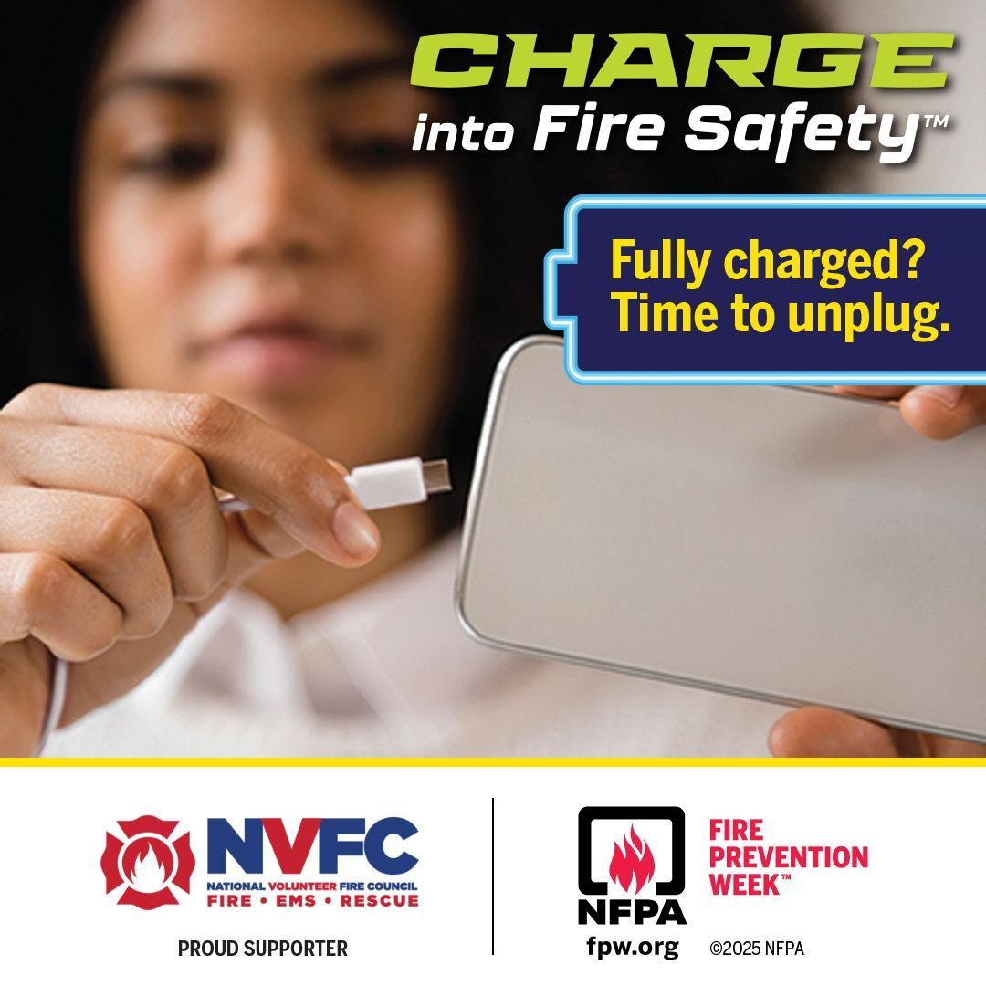 The NVFC is a proud supporter of the <a href="/NFPA/">NFPA</a> this #FirePreventionWeek. Unplug anything with a lithium-ion battery as soon as it’s fully charged. Phones, toys, e-scooters, power tools and more can start a fire if they are overcharged. Visit fpw.org for more.