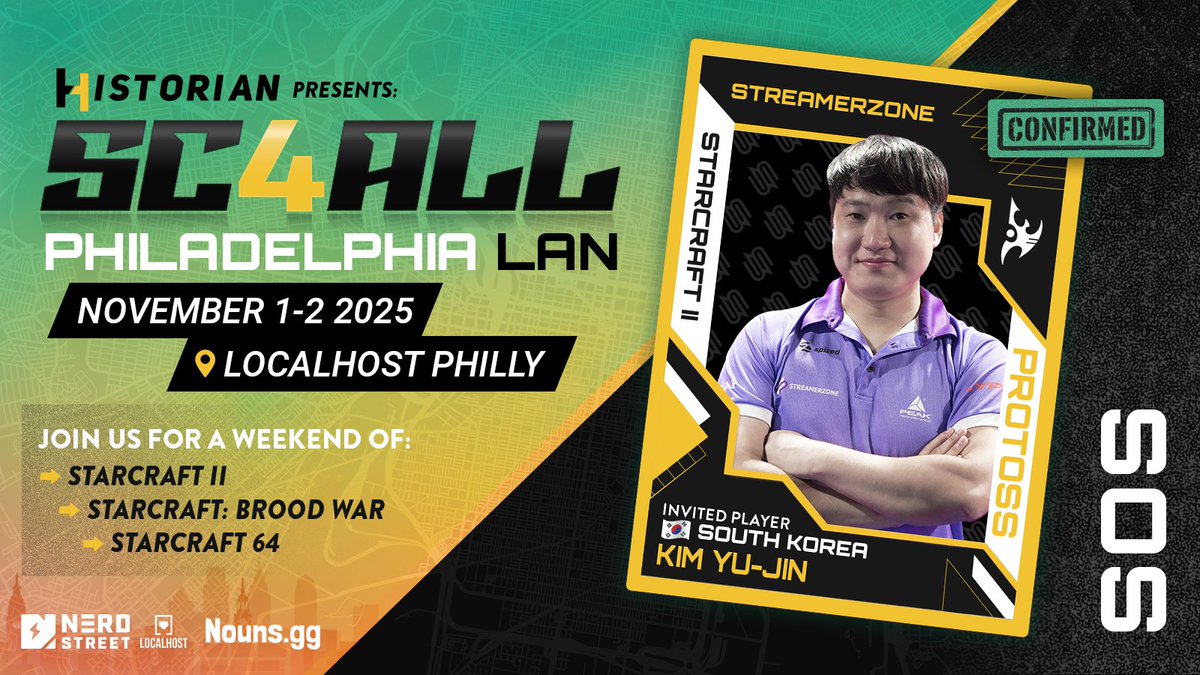 SC2Historian's tweet image. LA CUCARACHAAAAAAAA!!!!! A StarCraft Legend has arrived! @SC2sOs is joining us in Philadelphia for SC4ALL, Nov 1-2. Come meet the 2 Time World Champion, The Fabled and Feared Protoss of Korea, it's Kim Yu-Jin!